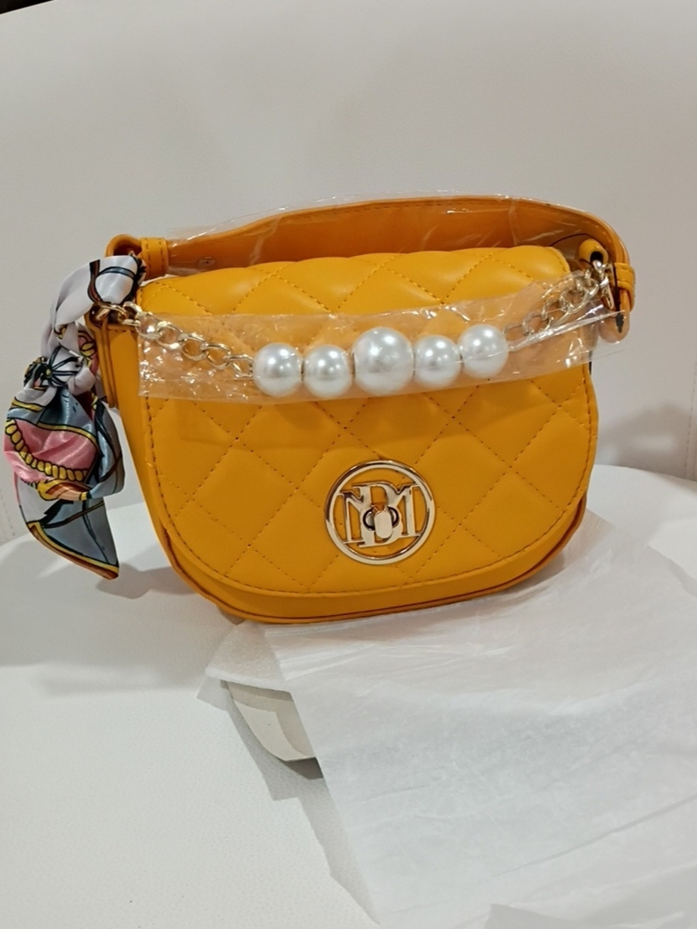 Badgley Mischka Yellow Quilted Pearl-Chain Crossbody Bag